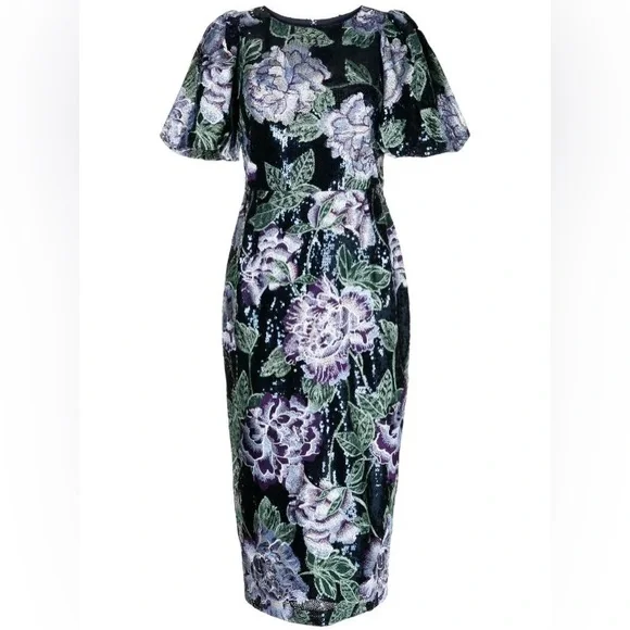 MARCHESA NOTTE NAVY FLORAL EMBROIDERED BUBBLE SEQUIN MIDI DRESS - Picture 4 of 8